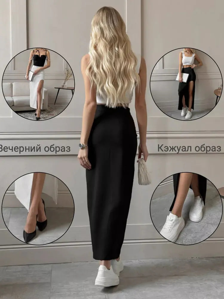 Glorol - High Waist Side Split Patchwork Skirt