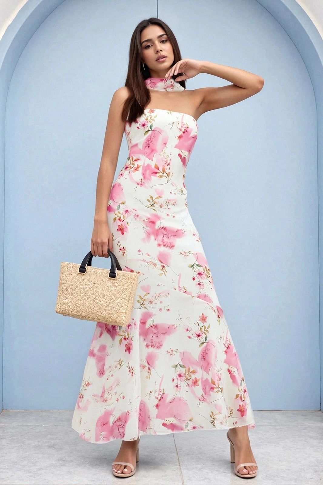 Glorol - Printed Strapless Backless Bodycon Slim Maxi Dress