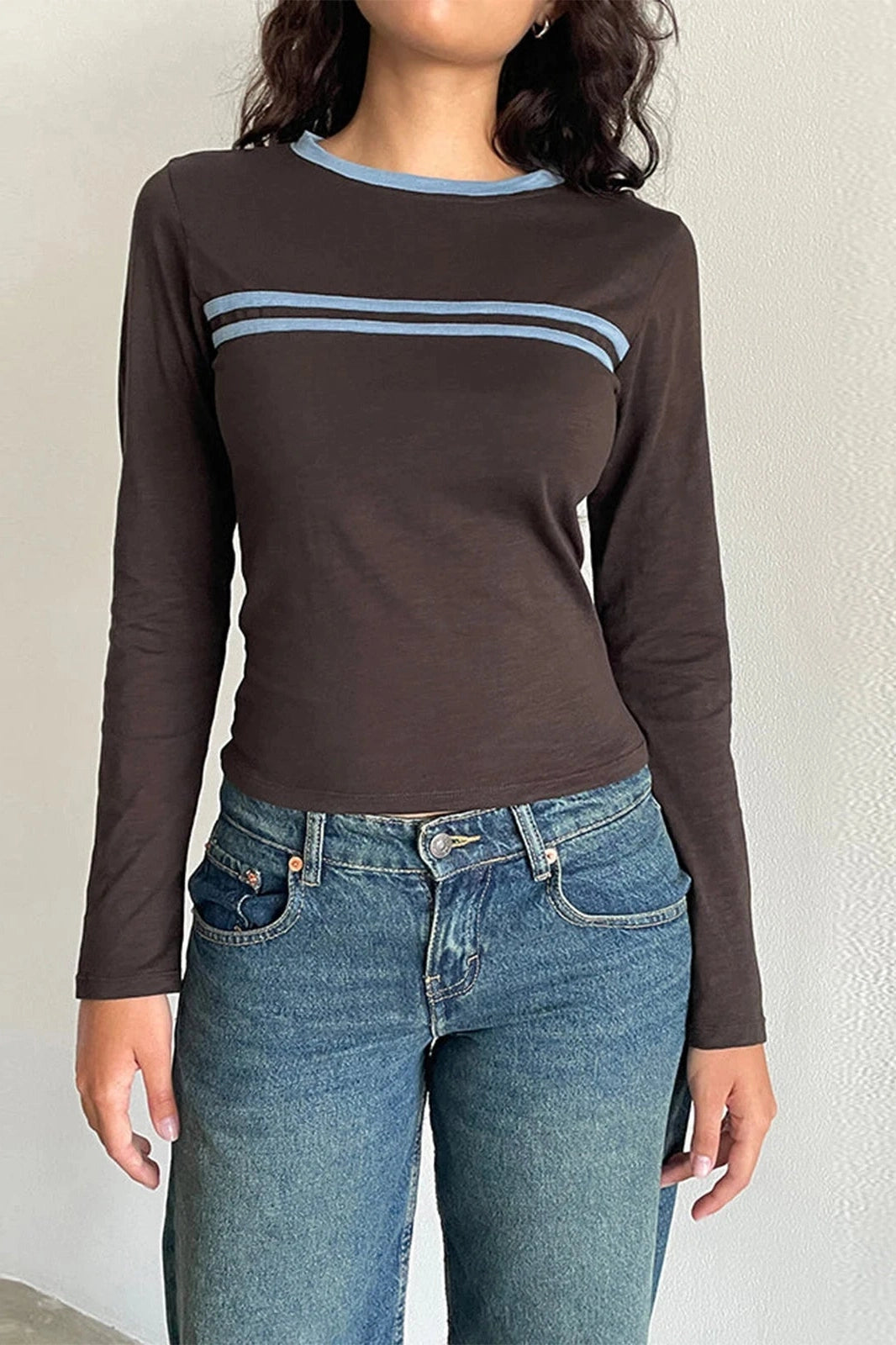 Glorol - Long Sleeve Stripe Print Round-Neck Fit Top