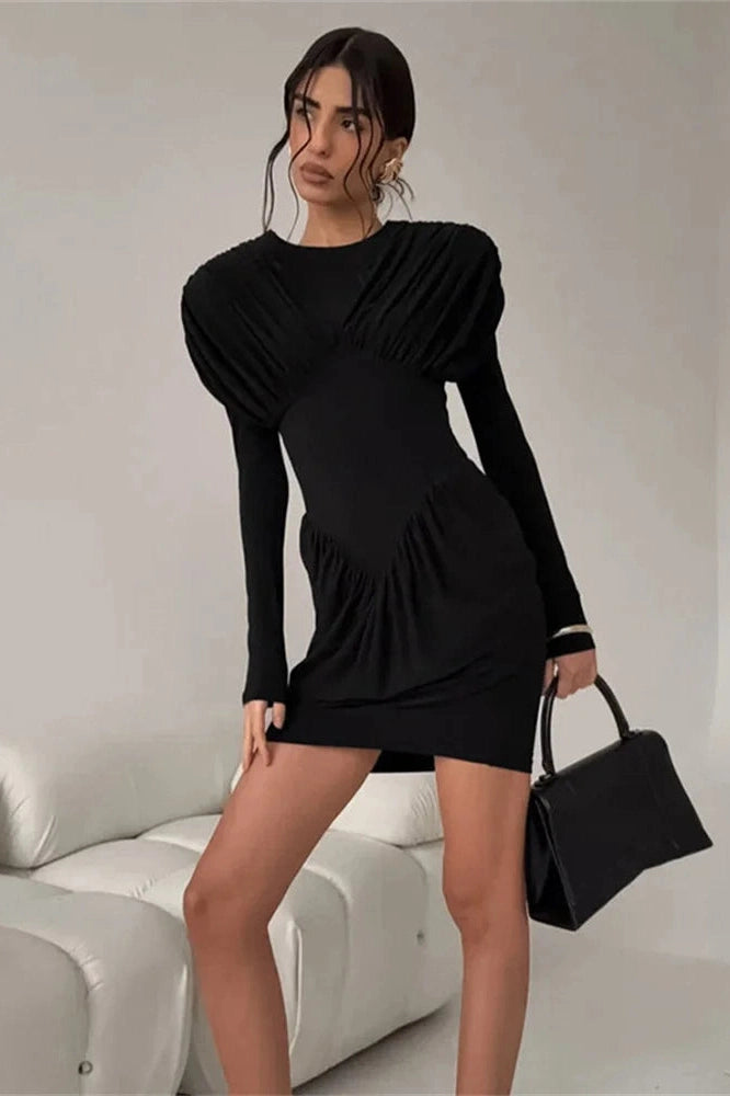 Glorol - Pleated Patchwork Long Sleeve Bodycon Mini Dress