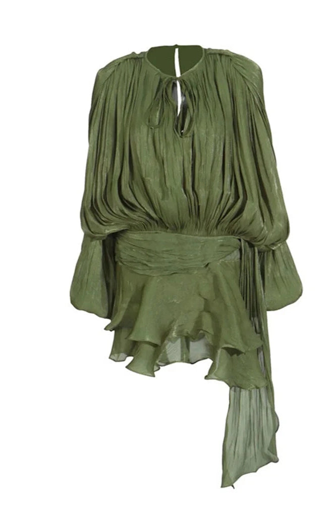 Glorol - Elegant Pleated Long Sleeve High Waist Mini Dress