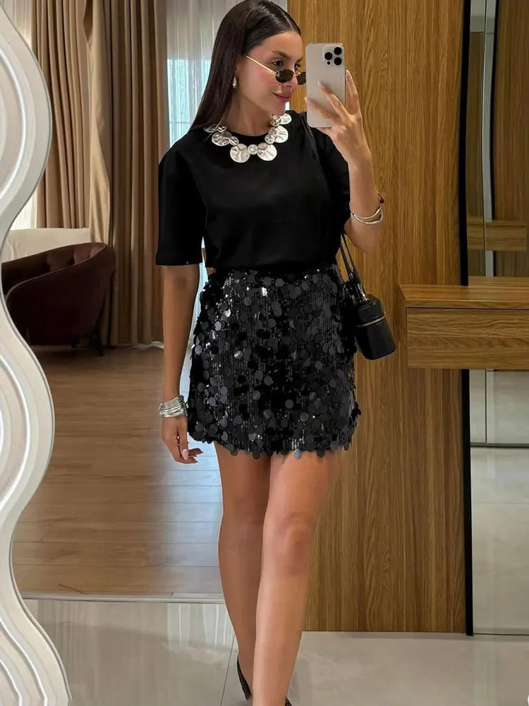 Glorol - High Waist Sequin Patchwork Skirt