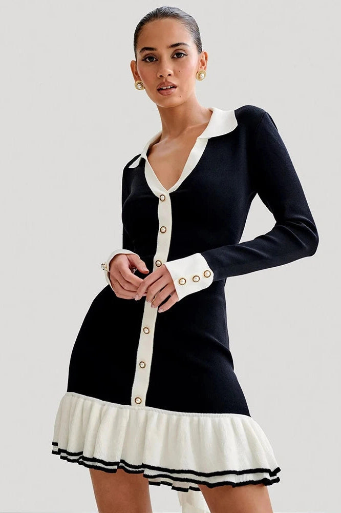 Glorol - Long Sleeve V Neck Pearl Mini Dress