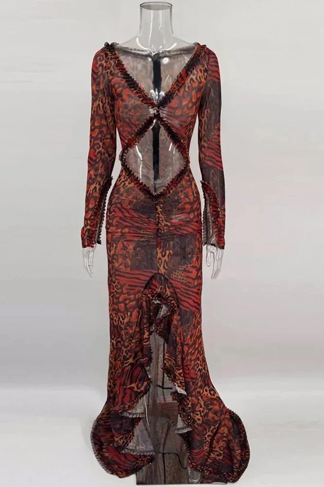 V-Neck See-Through Patchwork Maxi Dress