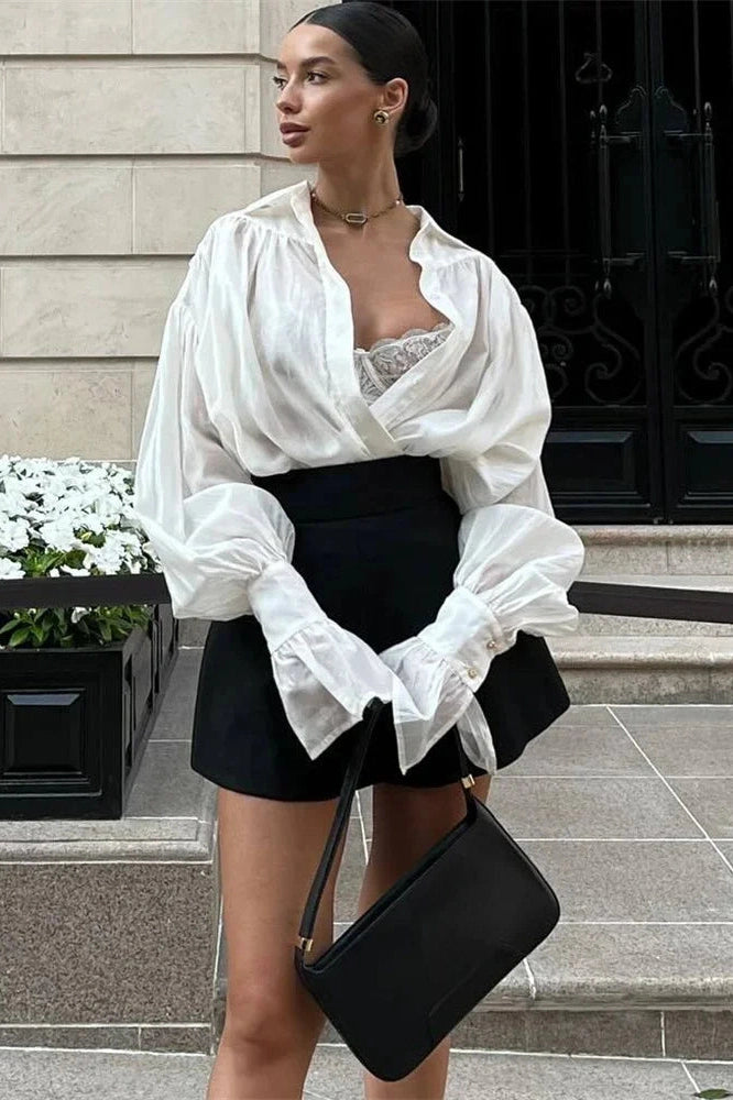 Glorol - See-Through Loose Slim Long Sleeve Pleated Top