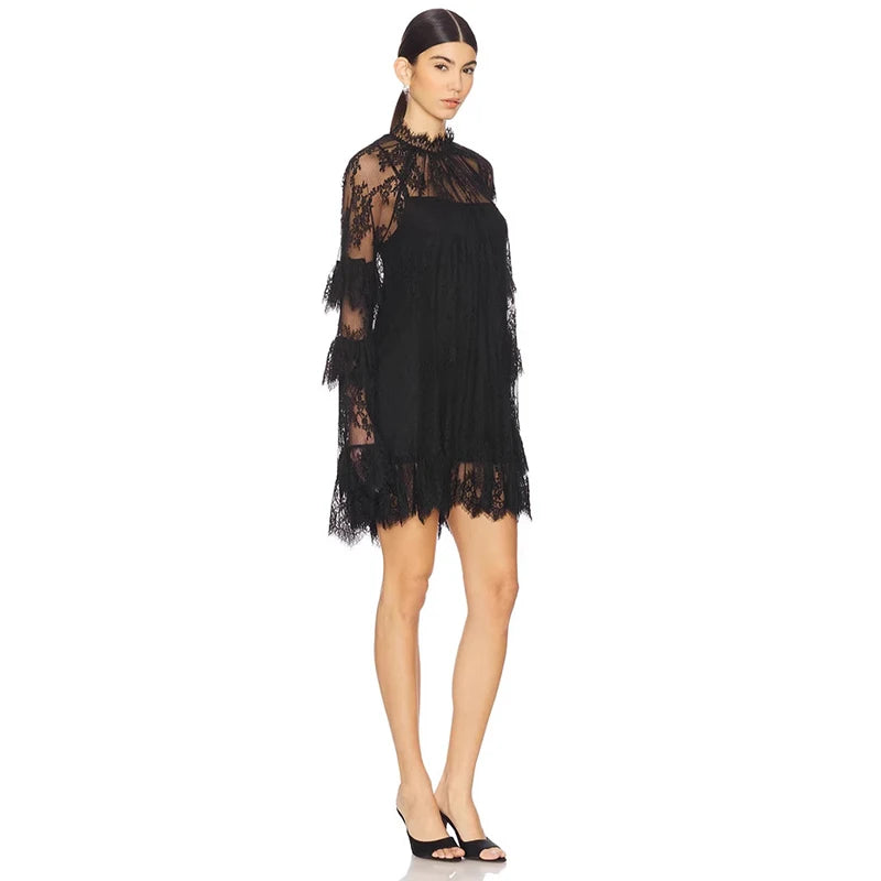 Glorol - Lace See-Through Long Sleeve Loose Mini Dress