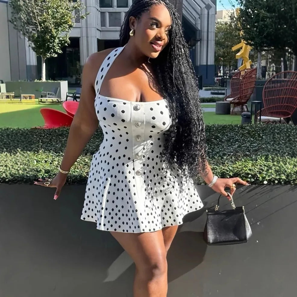 Glorol - Polka Dot Knitted Backless A-Line Mini Dress