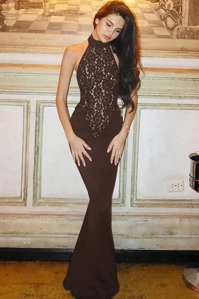 Glorol - Lace Backless Off-Shoulder Strapless Sleeveless Bodycon Maxi Dress