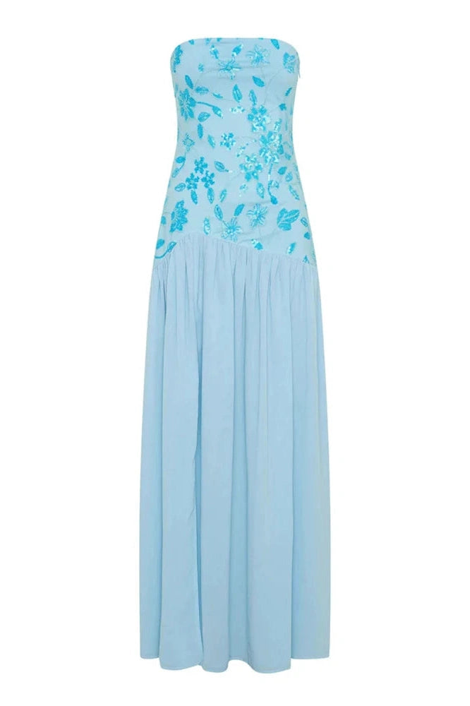 Glorol - Off-Shoulder Split Print Strapless Backless Pleated Maxi Dress