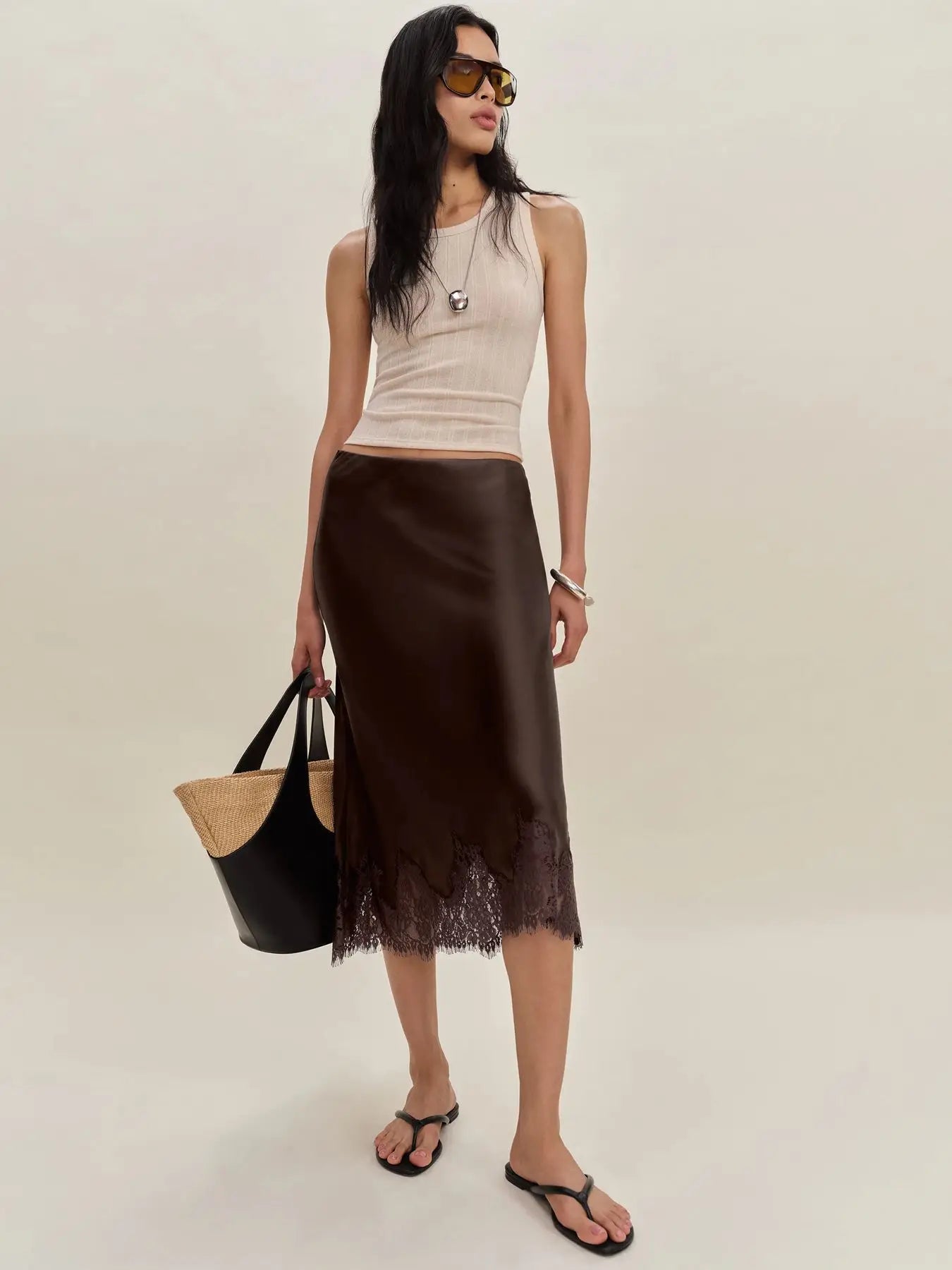 Glorol - Elegant Lace-Paneled Polka-Dot Skirt