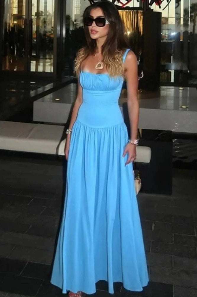Glorol - Spaghetti Strap Backless Sleeveless High Waist Pleated Maxi Dress