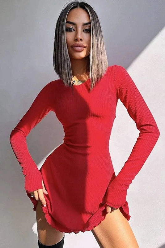 Glorol - Long Sleeve O Neck Lace-up Mini Dress
