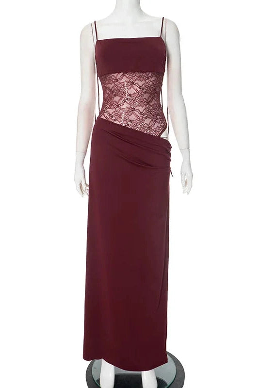 Glorol - Hollow Out Lace Spaghetti Strap Lace Up Waist Slim Sleeveless Maxi Dress