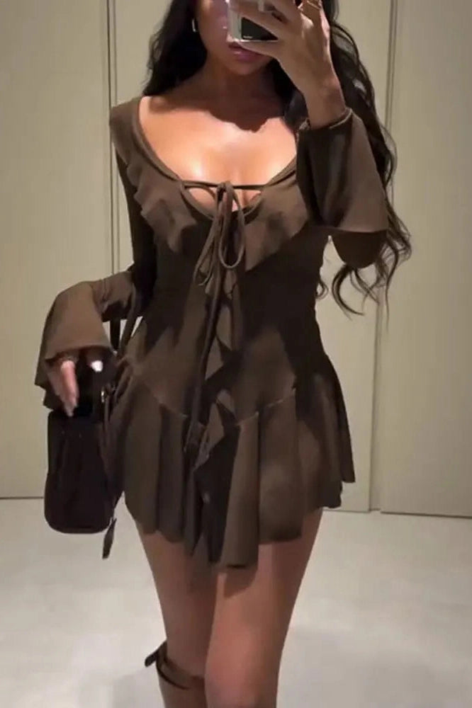 Glorol - Lace-Up V-Neck Patchwork Long Sleeve Slim Mini Dress