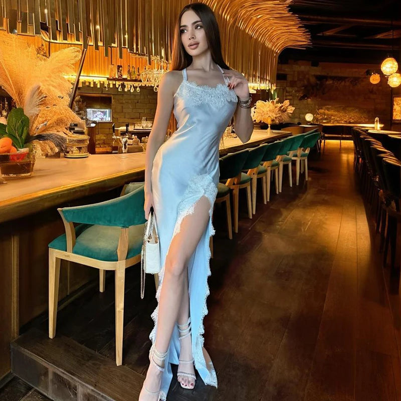 Glorol - Backless Spaghetti Strap Lace Up Slim Maxi Dress