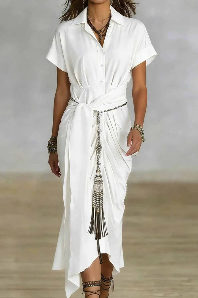 Glorol - Elegant Pleated Lace Up Short Sleeve Midi Dress