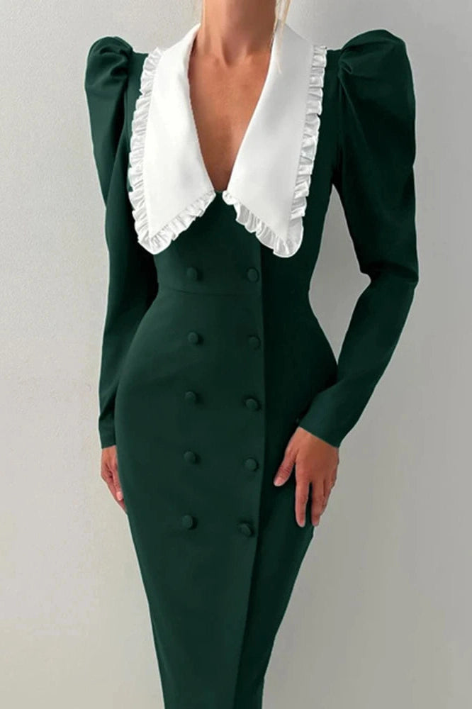 Glorol - Elegant Long Sleeve Double Breasted Midi Dress
