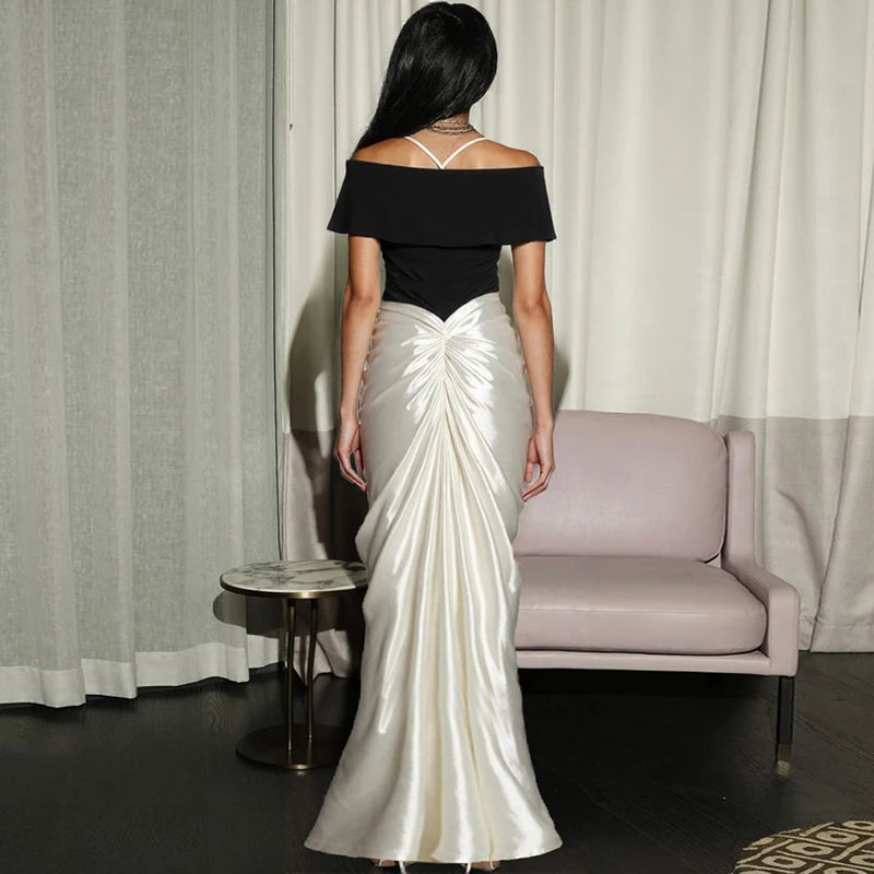Glorol - Pleated Off Shoulder Split Bodycon Maxi Dress