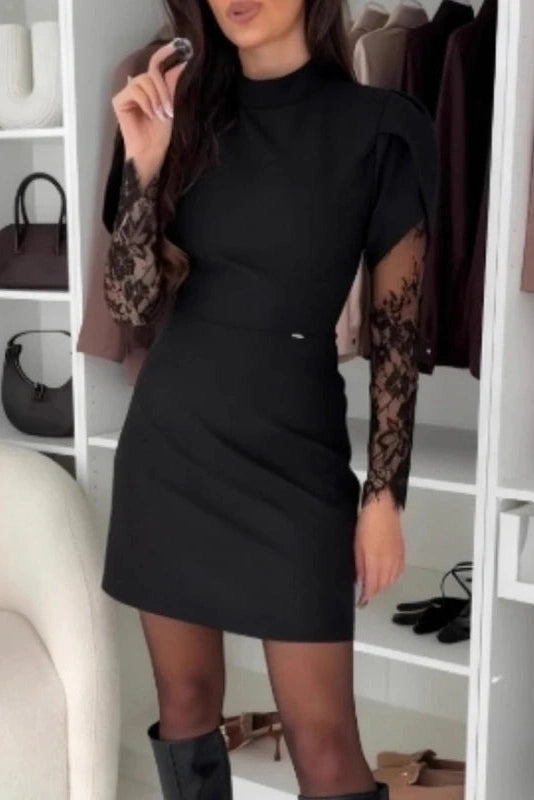 Glorol - O-Neck Lace Long Sleeve Slim High Waist Pleated A-Line Mini Dress