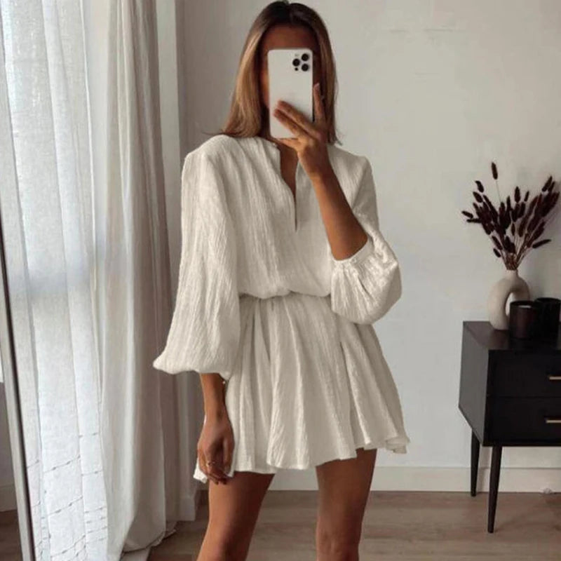 Glorol - Long Sleeve V Neck Lace Up A-Line Mini Dress