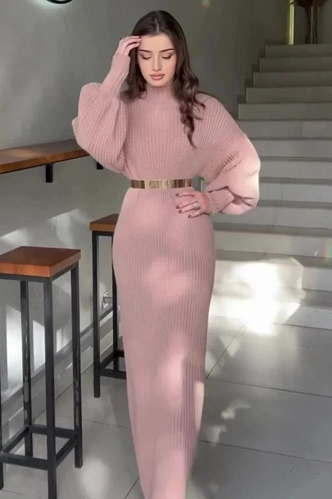 Glorol - Elegant Knitted Turtleneck Long Sleeve Maxi Dress