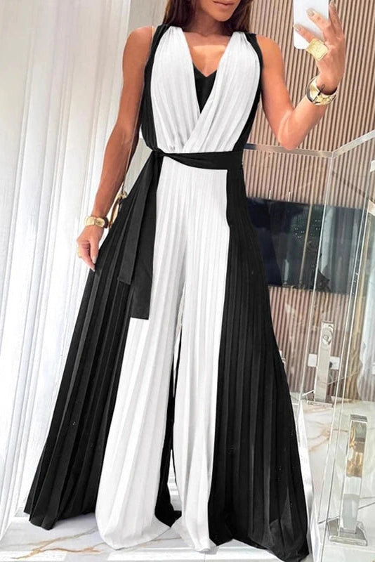 Glorol - Elegant V-Neck Pleated High Waist Hollow Out Jumpsuit