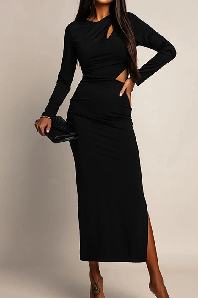 Glorol - Hollow Out Long Sleeve O-Neck Bodycon Maxi Dress