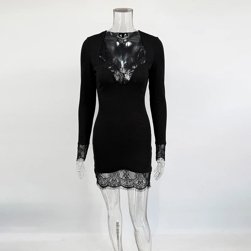Glorol - Lace Spaghetti Strap Sleeveless Bodycon Mini Dress