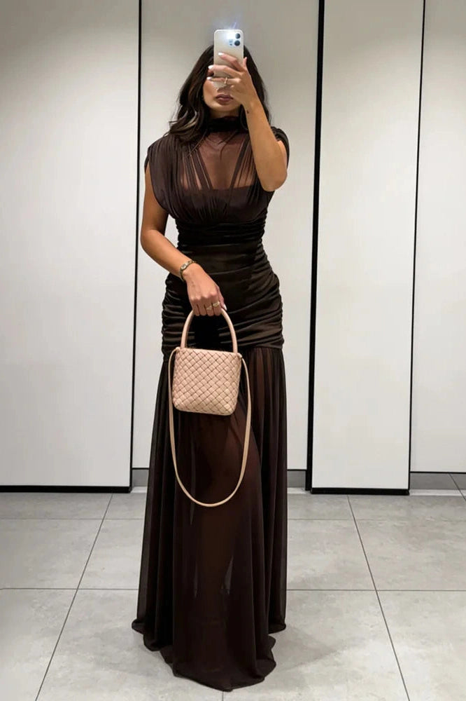 Glorol - Sleeveless See-Through Patchwork Pleated Maxi Dress