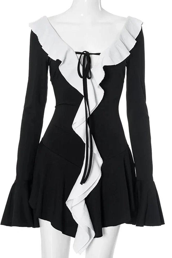 Glorol - Lace-Up V-Neck Patchwork Long Sleeve Slim Mini Dress