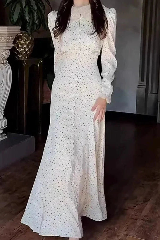 Glorol - Elegant Long Sleeve Slim Lace Up High Waist Pleat Printed Maxi Dress