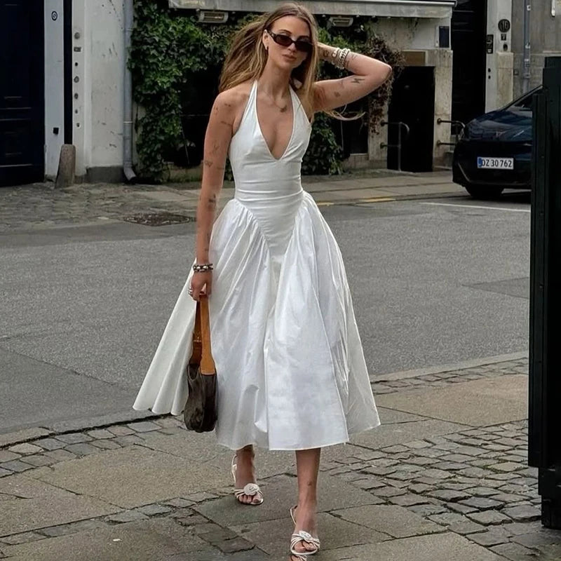 Glorol - Deep V Neck A-Line Pleated Midi Dress