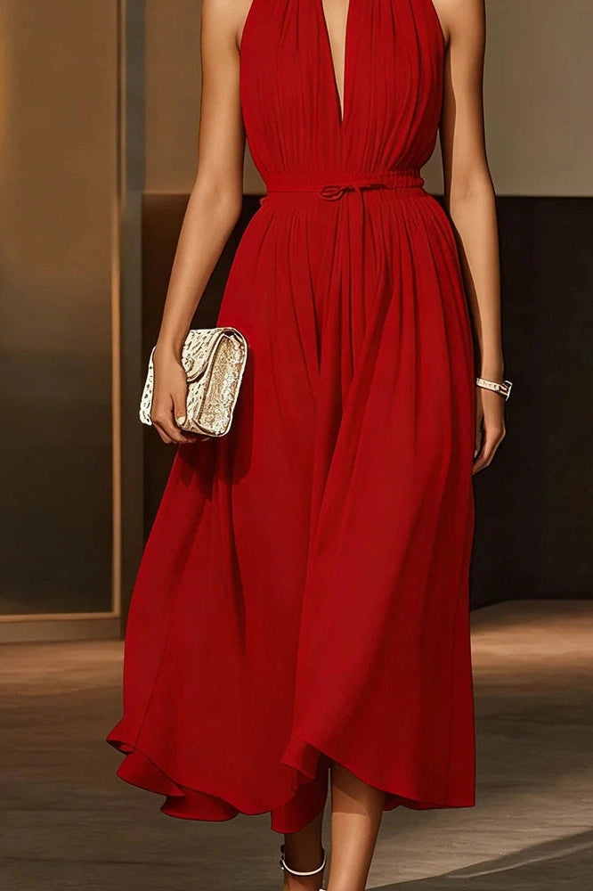 Glorol - Elegant Off-Shoulder Sleeveless High Waist Backless Pleated Midi Dress