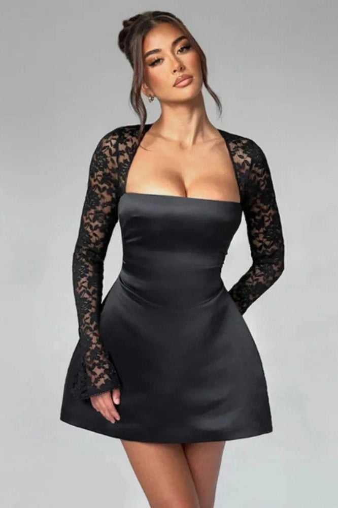 Glorol - Lace Long Sleeve Square Collar Backless A-line Mini Dress