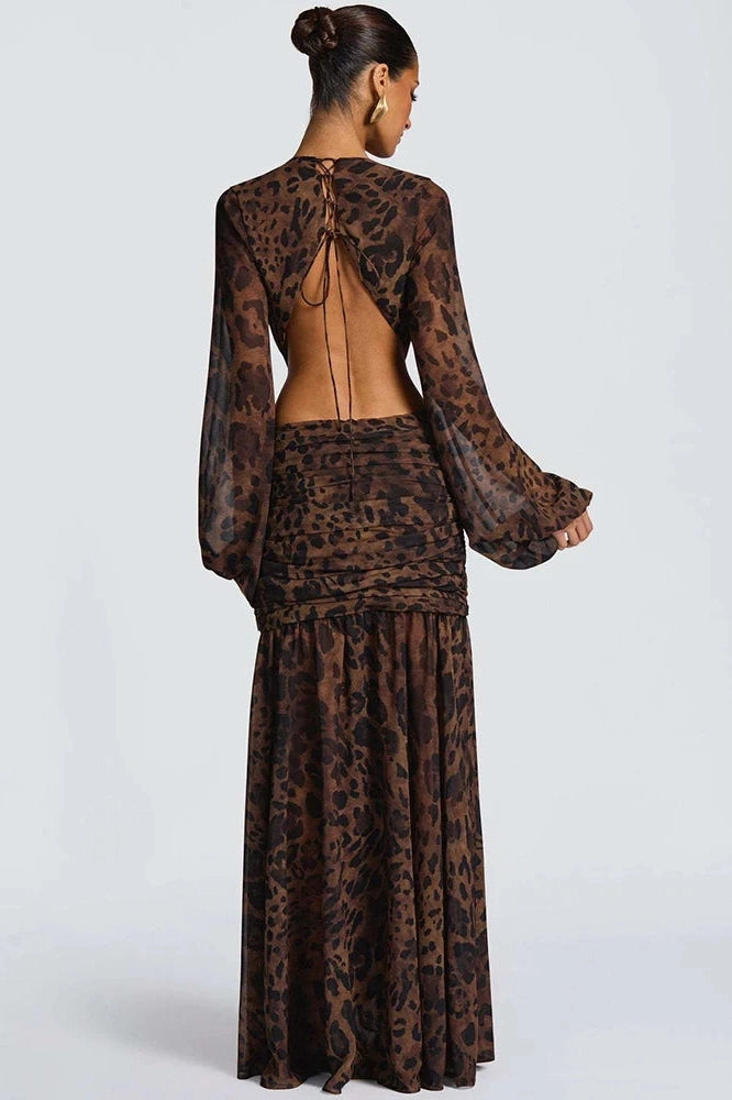 Glorol - Hollow Out Printed Long Sleeve Backless Bodycon Maxi Dress