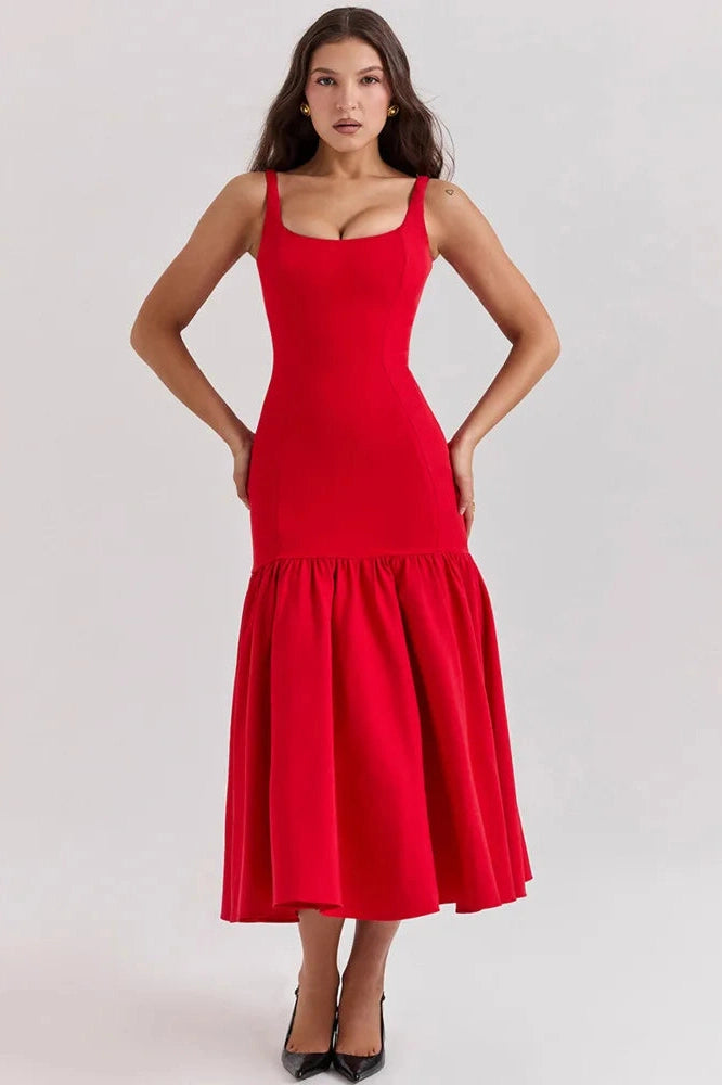Glorol - Backless Square Collar Sleeveless Loose Pleated Maxi Dress
