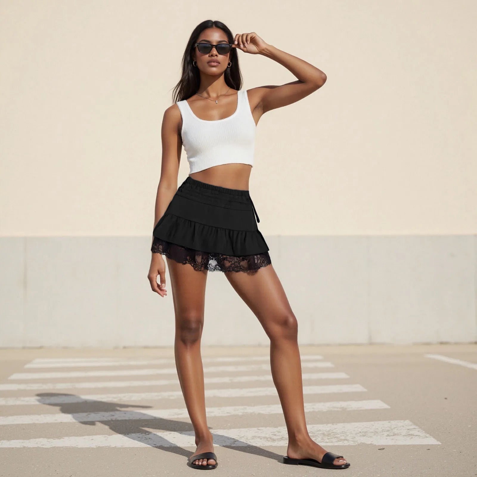 Glorol - Bow Lace Patchwork Elastic Skirt
