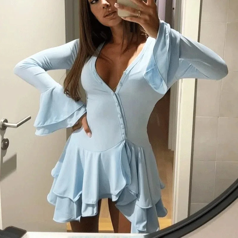 Glorol - Elegant V-Neck Button Patchwork Mini Dress