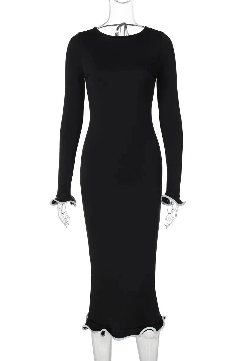 Glorol - Elegant Slim Fit Patchwork Long Sleeve Backless Midi Dress
