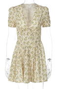 Glorol - Deep V Neck A-Line High Waist Pleated Printed Mini Dress