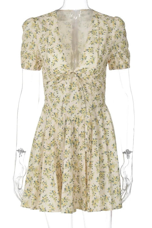 Glorol - Deep V Neck A-Line High Waist Pleated Printed Mini Dress