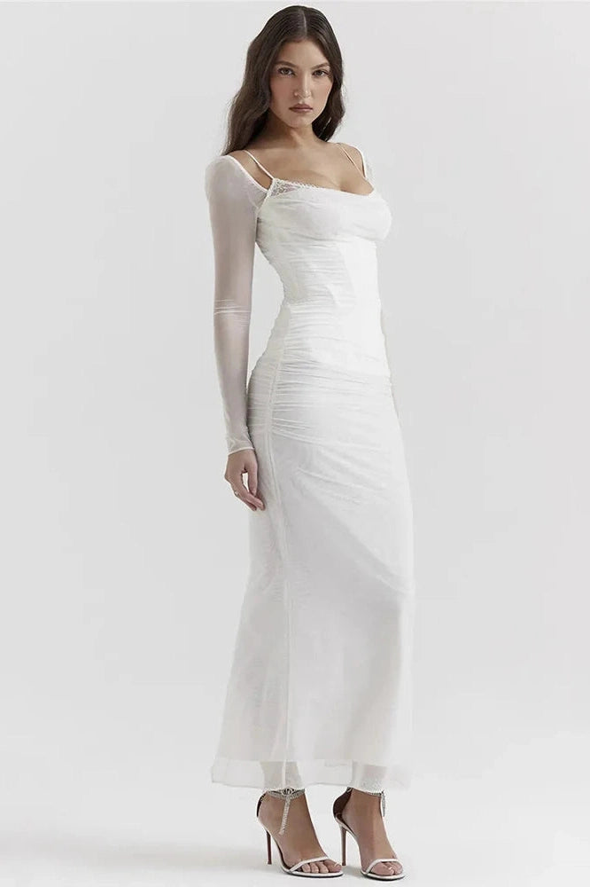 Glorol - Elegant Sheer Long Sleeve Strapless Backless Maxi Dress