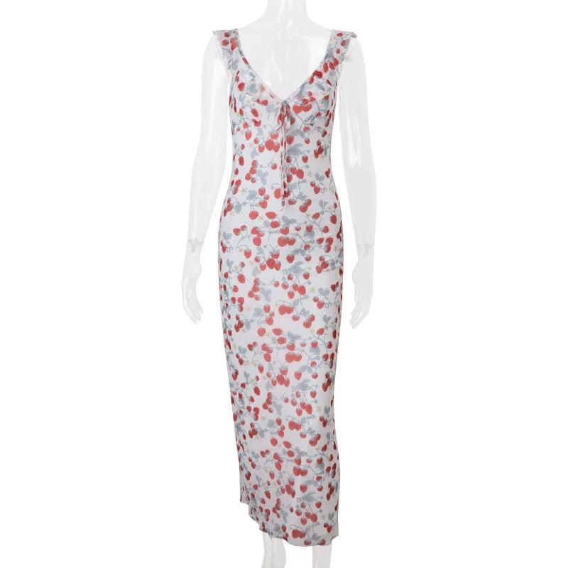 Glorol - Printed V-Neck Sleeveless Slim Maxi Dress