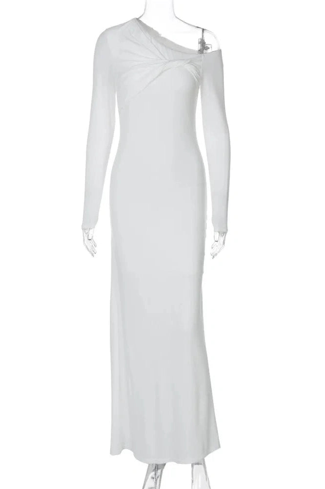 Glorol - Inclined Shoulder Long Sleeve Backless Bodycon Maxi Dress