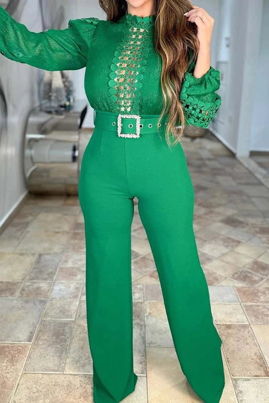 Glorol - High Waist Mesh Hollow Out Wide Leg Jumpsuit