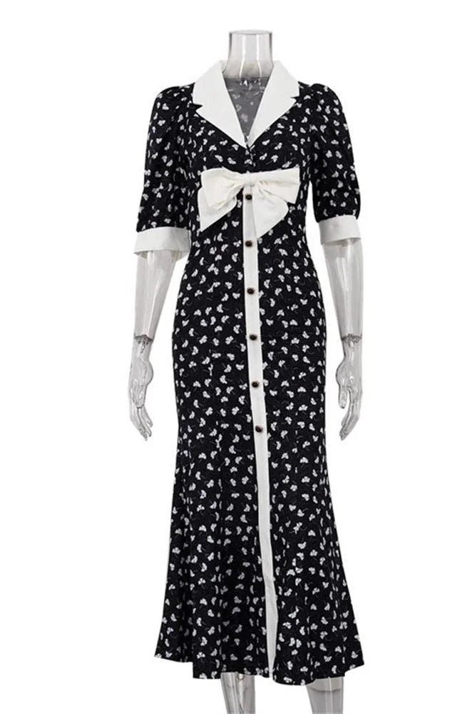 Glorol - Printed V-Neck Patchwork Midi Dress
