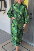 Glorol - Elegant Pocket Floral Printed Long Sleeve Loose Maxi Dress