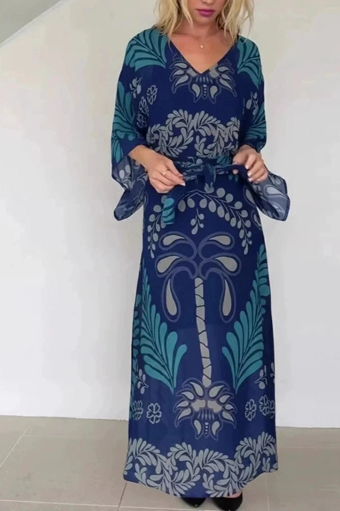 Glorol - Long Sleeve Loose Pleated Lace Up Printed V-Neck Maxi Dress