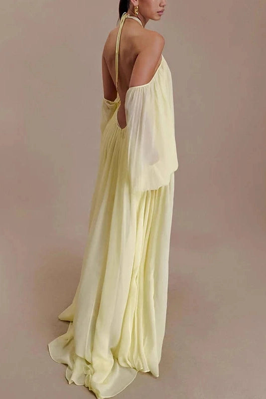 Glorol - Backless Lace Up Off Shoulder Pleat Loose Maxi Dress
