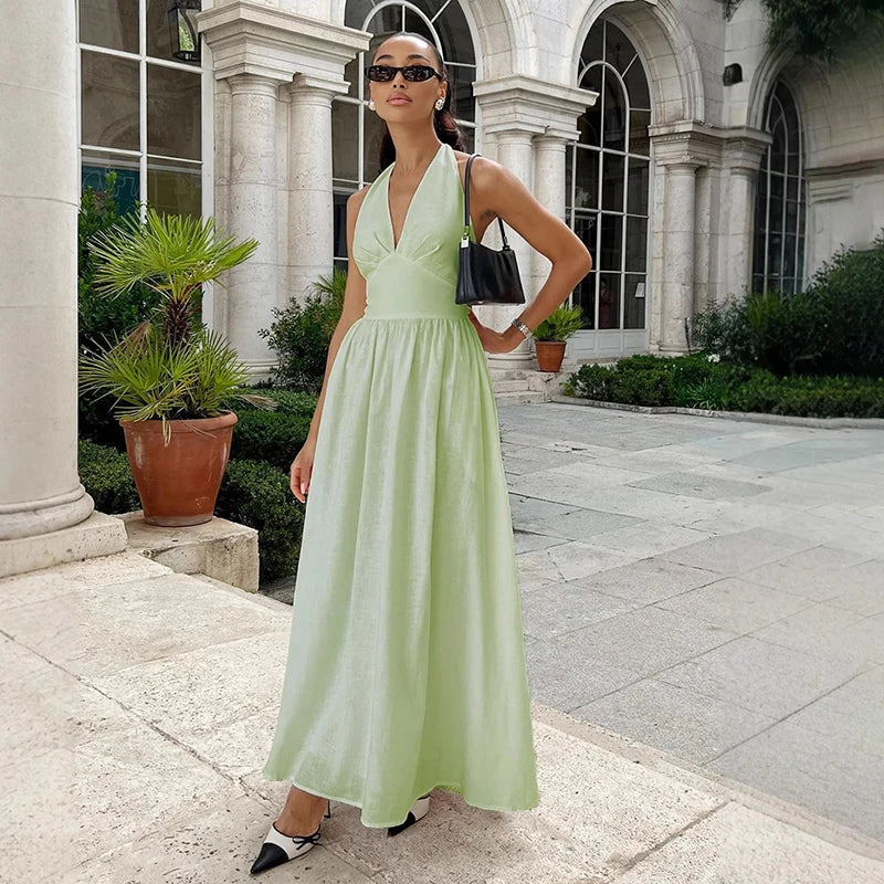 V Neck High Waist A-Line Maxi Dress